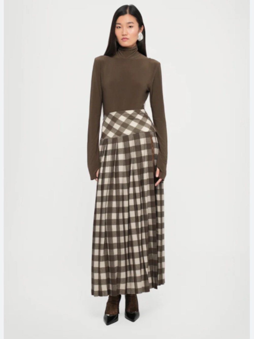Norma Kamali XS pleated long skirt slit bark box plaid  print